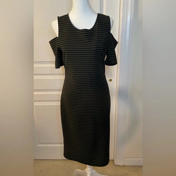 Miss Star Dresses | Nwot. Black Cold Shoulder Dress With Gold Stripes. Size M. | Color: Black/Gold | Size: M | Pm-31430582's Closet Miss Star Dresses | Nwot. Black Cold Shoulder Dress With Gold Stripes. Size M. | Color: Black/Gold | Size: M | Pm-31430582's Closet